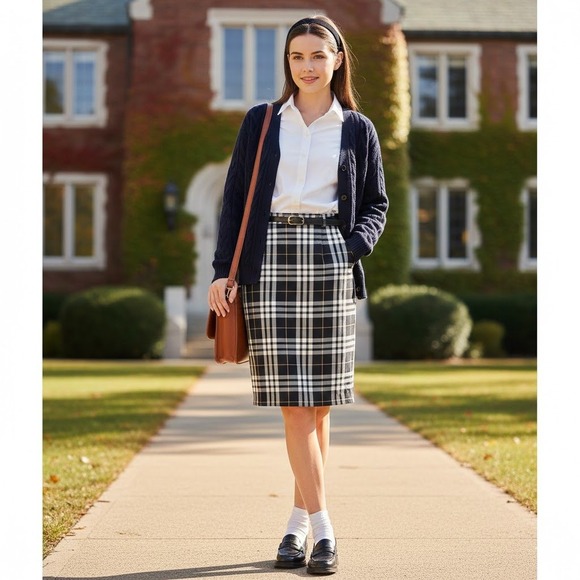 Vintage Y2K Plaid Pencil Skirt Womens Size 10 Black White Classic Office Preppy - Picture 7 of 7